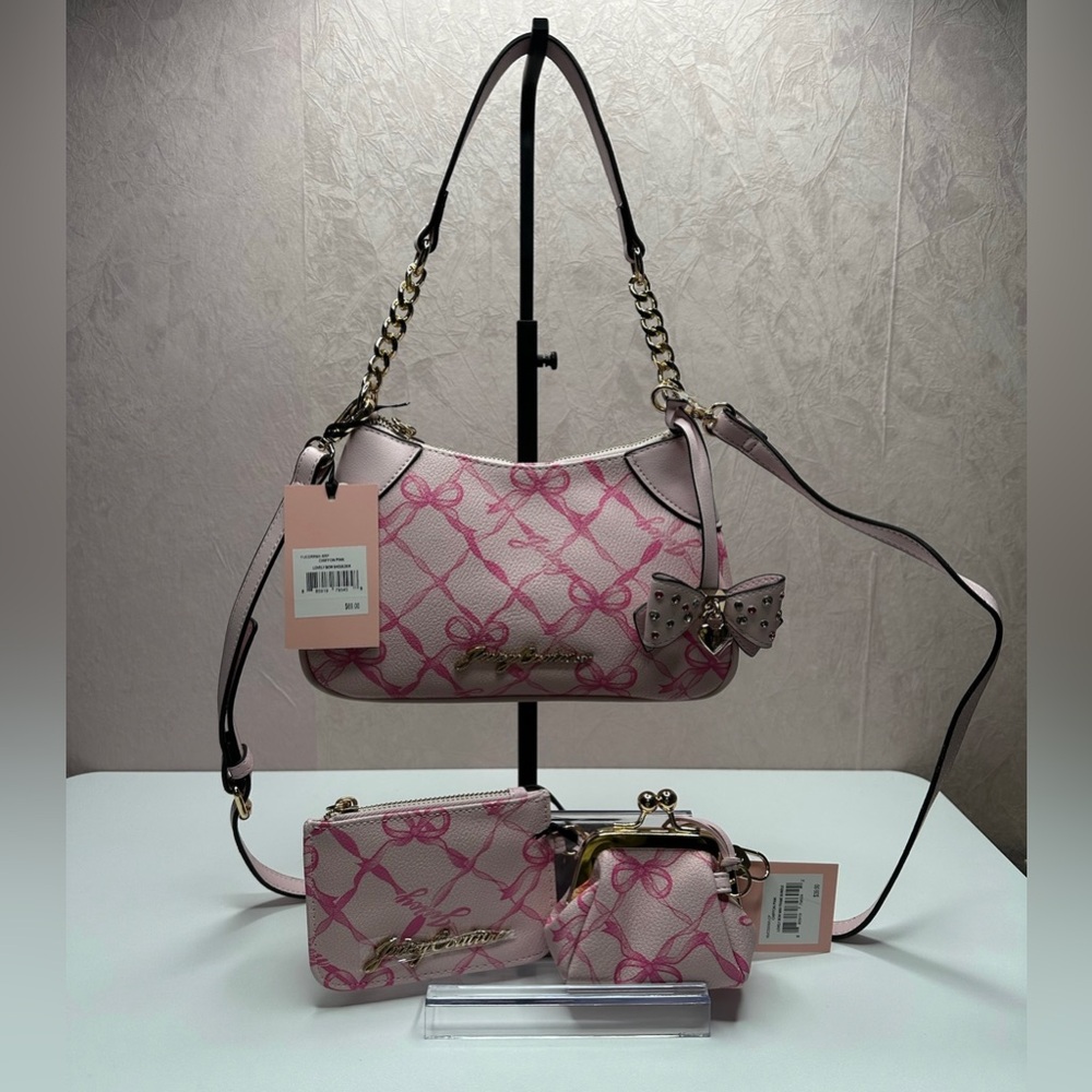 JUST IN!!  Juicy Couture Chiffon Pink Lovely Bows Shoulder and Wallet Set HTF